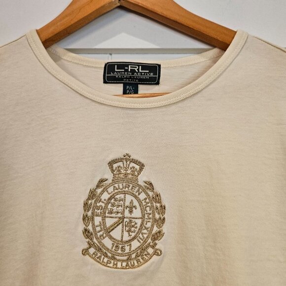 Lauren Active Ralph Lauren Long Sleeve Top Size LP Logo Gold Embroidered Ivory - Picture 3 of 9